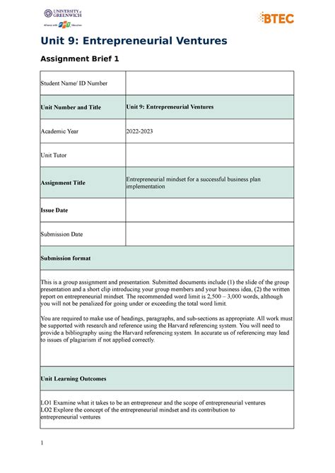 1 Unit 9 5047 Assignment Brief 1 Unit 9 Entrepreneurial Ventures