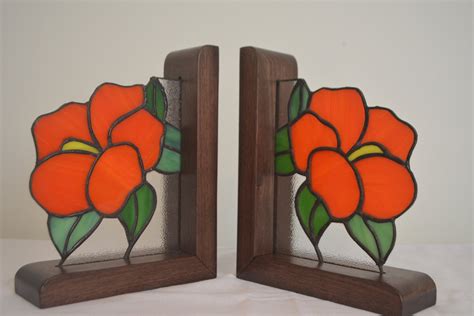 Bookend Mixed Media Stained Glass Wood Flowers Etsy