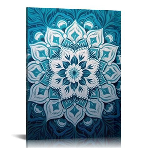 Jeuxus Mandala Wall Art Teal Artwork Pictures Blue Boho Decor Flowers