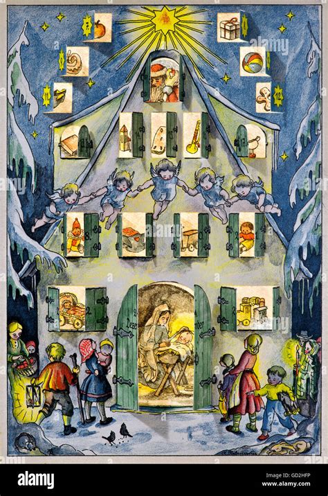 Christmas, advent season, Advent calendar, snow-covered house, Germany, circa 1949, Additional ...