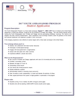 Fillable Online Youth Ambassadors Program Student Application Fax