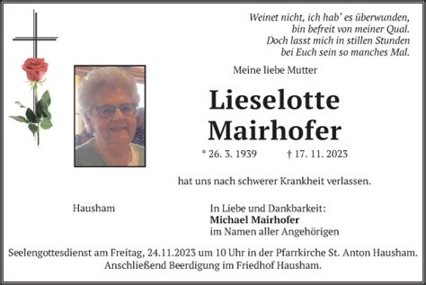 Traueranzeigen Von Lieselotte Mairhofer Trauer Merkur De