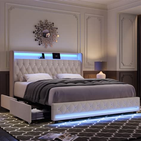 Homfa Queen Led Bed Frame With Usb Ports Display 4 Drawers Crystal