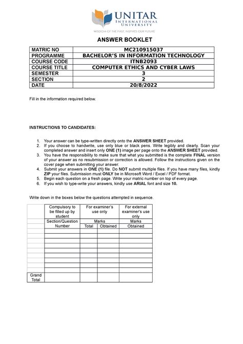 Computer Ethics And Cyber Laws ANSWER BOOKLET MATRIC NO MC PROGRAMME