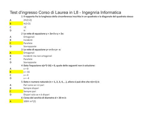 Test Ingresso L Ingegneria Informatica Test D Ingresso Corso Di