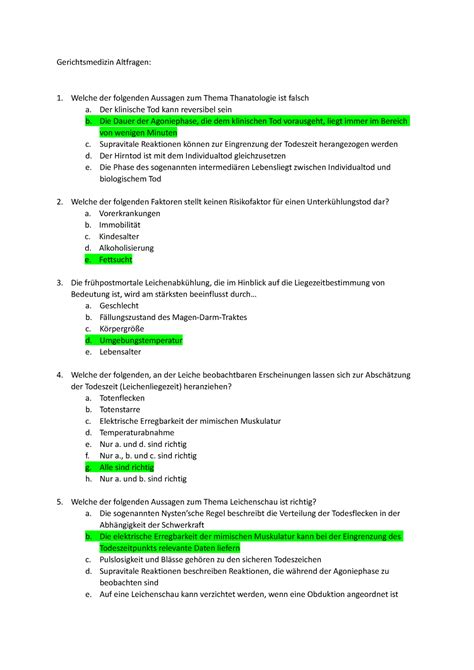 Altklausurfragen Gerichtsmedizin Altfragen Welche Der Folgenden