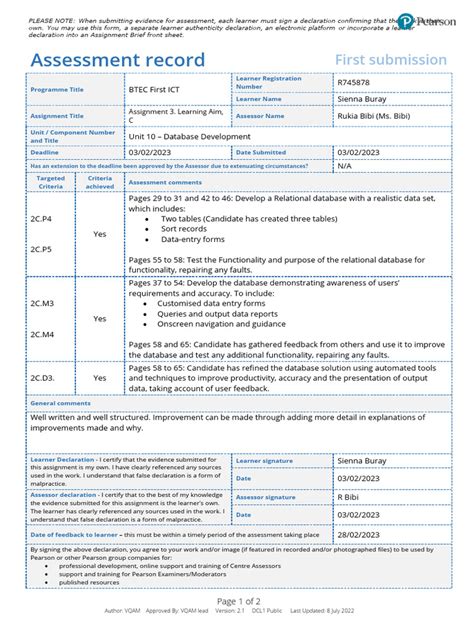 A3 Btec Assessment Record Template 23 Sb Pdf Databases Information Technology