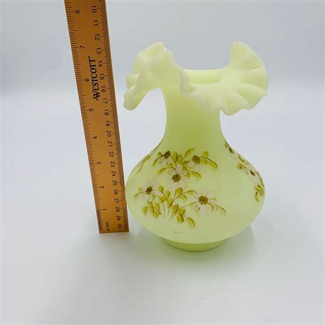 Vintage Fenton Burmese Vaseline Uranium Custard Hand Painted Artist Signed Floral Ruffle