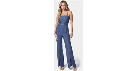 Bebe Front Slit Belted Wide Leg Denim Jumpsuit In Blue Lyst