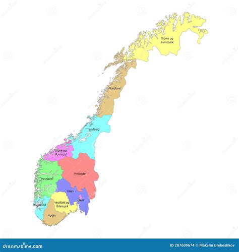 High Quality Labeled Map of Norway with Borders of the Regions Stock ...