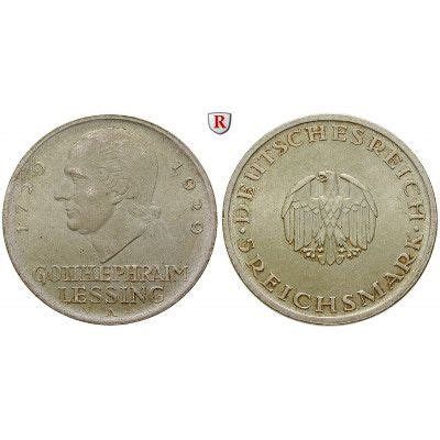 Weimarer Republik 5 Reichsmark 1929 Lessing A Vz St J 336 5