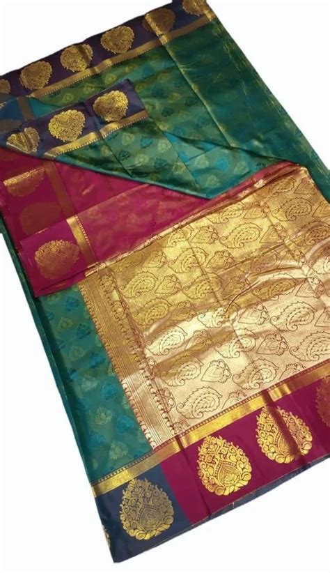 Weaving Zari Ladies Green Kanchipuram Silk Sarees With Stitched Blouse