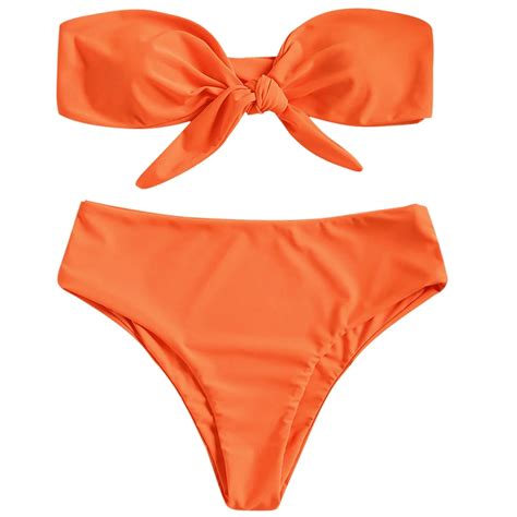 Women Off Shoulder Bandeau Thong Bikini Set Sexy Tie Front High Waist