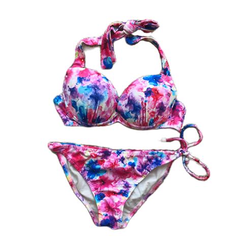 Japanese Bikini Set Pink Blue Watercolour Flower Patt Gem