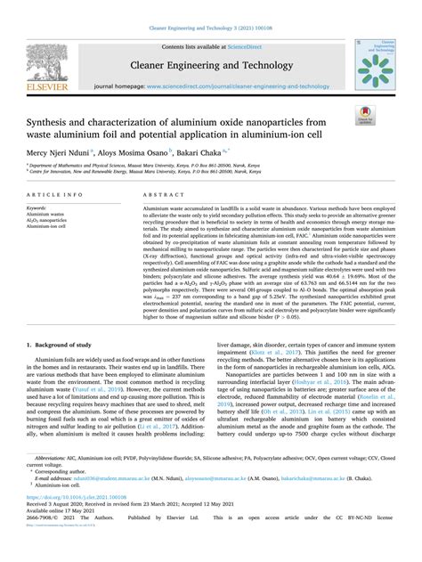 (PDF) Synthesis and characterization of aluminium oxide nanoparticles from waste aluminium foil ...