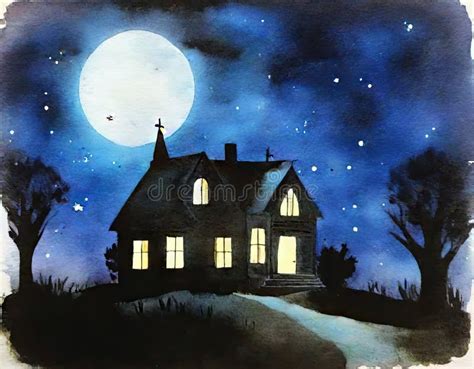 Watercolor of Haunted House in the Stock Illustration - Illustration of ...