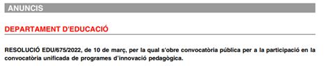 Convocat Ria Unificada De Programes Dinnovaci Servei Educatiu Eixample