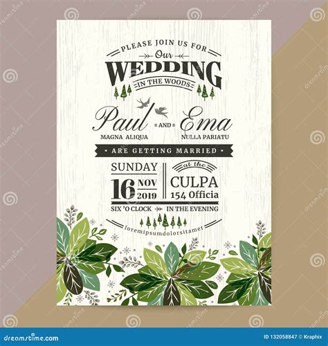 Floral Wedding Invitation Card With Green Leaves Stock Vector