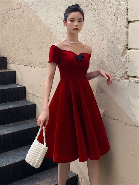 Lovely Wine Red Velvet Short Off Shoulder Wedding Party Dress Cute Dark Red Prom Dress On Luulla