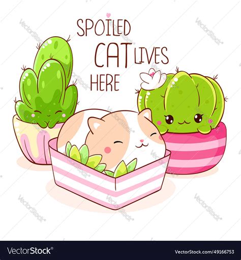 Cute fat cat sleeping in flower pot inscription Vector Image