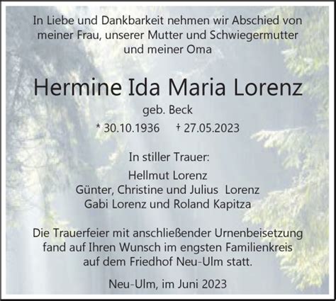 Traueranzeigen von Hermine Ida Maria Lorenz Südwest Presse Trauer