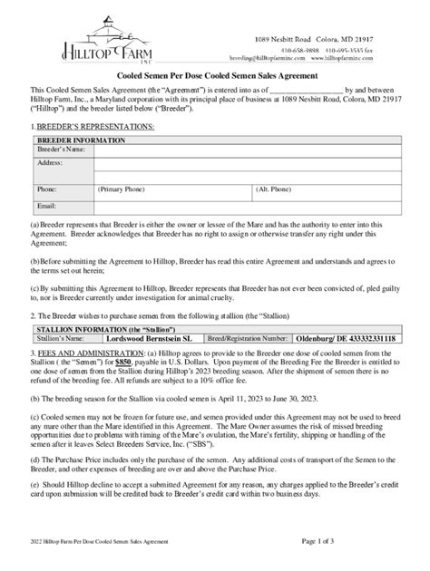 Fillable Online Cooled Semen Per Dose Cooled Semen Sales Agreement Fax