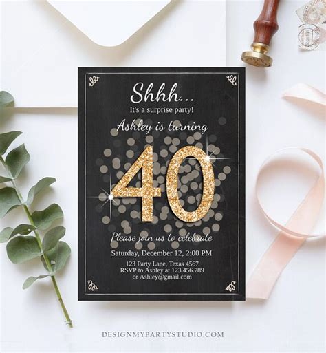 Editable Any Age Surprise Birthday Invitation Adult 40th Party Rustic Chalk Black Gold Glitter