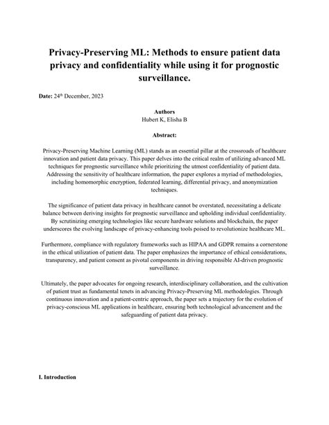 Pdf Privacy Preserving Ml Methods To Ensure Patient Data Privacy And