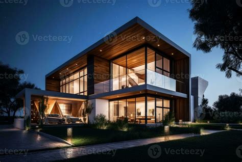 night view of modern house exterior with interior. generative ai 30452905 Stock Photo at Vecteezy