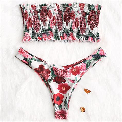 Women Sexy Beadeau Smocked Floral Bikini Set Brazilian Biquinis Sexy