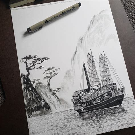 Chinese junk ship in ink : r/drawing