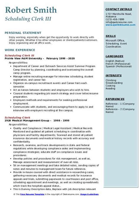 Scheduling Clerk Resume Samples Qwikresume