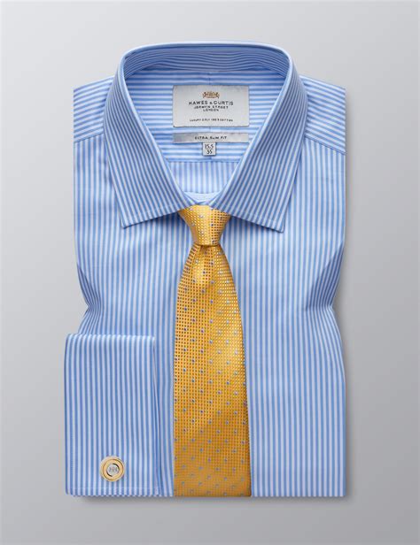 Mens Formal Blue And White Bengal Stripe Extra Slim Fit Shirt Double