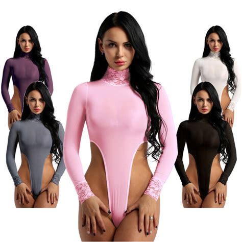 Womens Sexy Turtleneck Sheer Lace Bodysuit Long Sleeves High Cut Thong