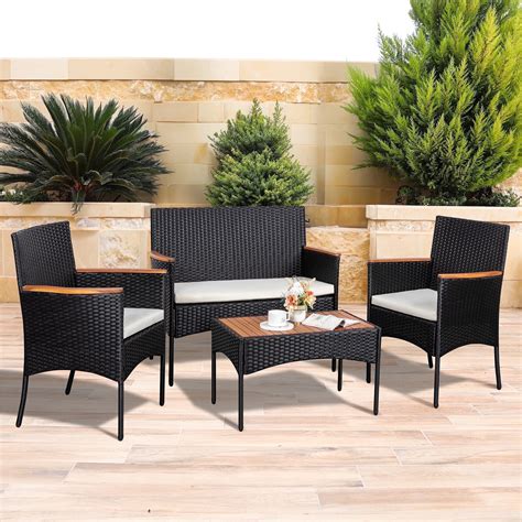 Walsunny 4 Piece Outdoor Patio Set Wicker Rattan Chairs Cushions