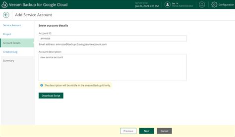 Step Specify Account Details Veeam Backup For Google Cloud User Guide