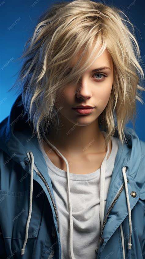 Premium Photo | Portrait of a young woman with blonde hair and blue ...