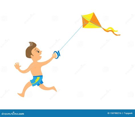 Child Playing Kite on Beach, Running Kid Vector Stock Vector - Illustration of childhood, active ...