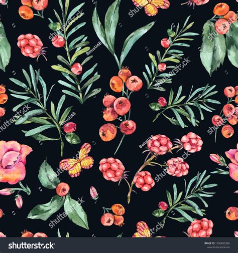 Watercolor Vintage Seamless Pattern With Berries Wildflowers Blackberry