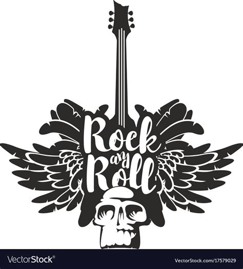 Rock And Roll Banner With Guitar Wings Skull Vector Image