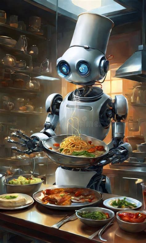 Robotic Chef Presenting Dishes In A Kitchen Stock Image Image Of