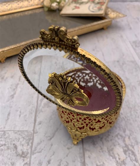 Vintage Jewelry Casket Gold Ormolu Filigree Round Trinket Box With Ornate Glass Lid Red Velvet