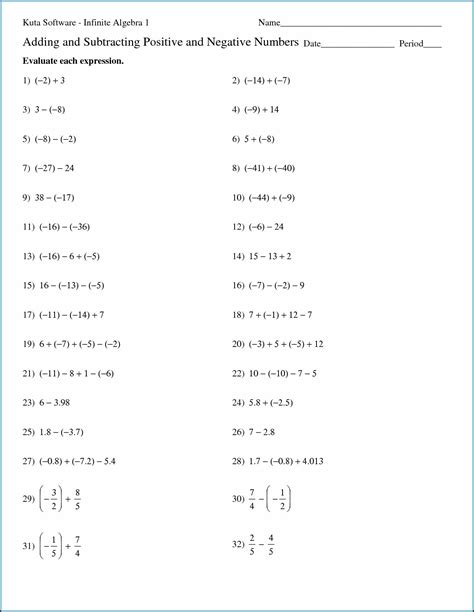 Adding Subtracting Positive And Negative Numbers Worksheet