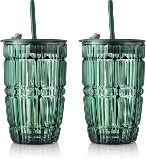 Joeyan 145 Oz Green Tumbler With Lid And Strawstriped Iced Coffee Glass Cups