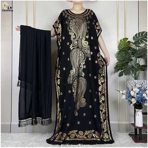 Vestido Suelto De Manga Corta Para Mujer Estampado Dorado Abaya