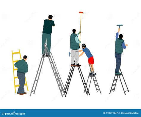 Painter Workers On Ladder Vector Illustration Isolated On White Man