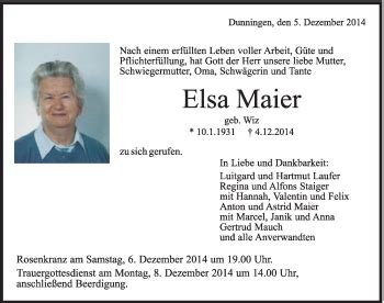 Traueranzeigen von Elsa Maier Schwarzwälder Bote Trauer