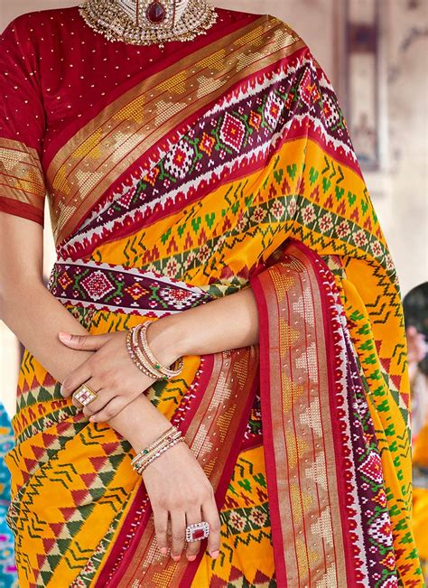 Buy Bright Yellow N Red Viscose Silk Digital Patola Print Saree