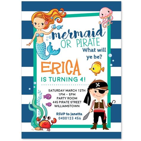 Mermaid And Pirate Birthday Invitations