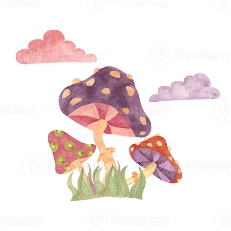 Retro Hippie Clouds And Fly Agaric Mushrooms 70s Style Hippie Psychedelic Groovy Fungus Clipart